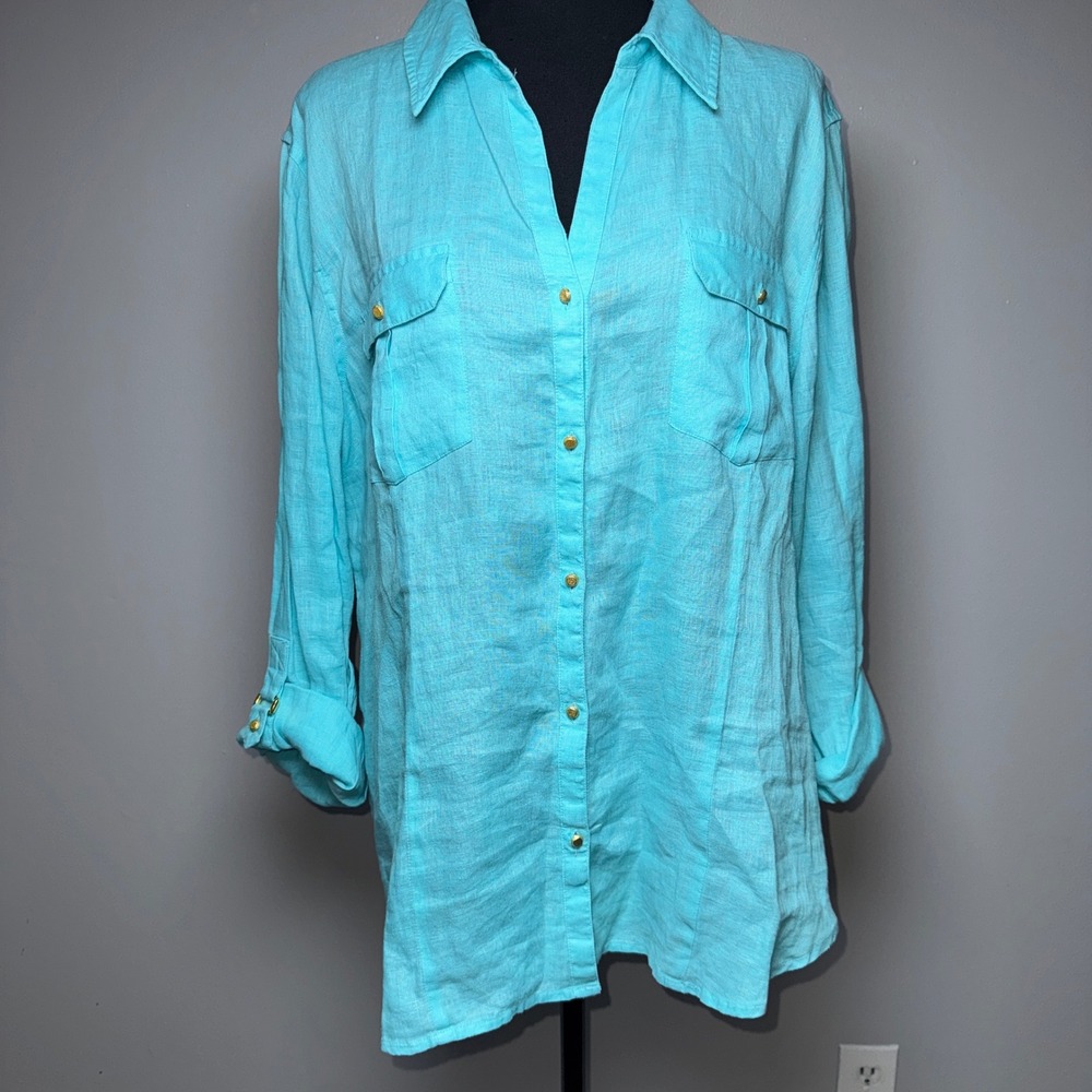 Chicos Linen Button Down Shirt Turquoise Blue Roll Tab Sleeve Gold Sz 3/XL